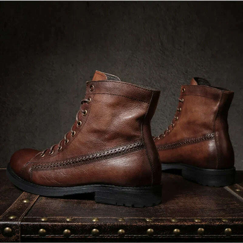 KIMLUD, Retro Men Boots Handmade Toe Polish Men Ankle Boots Casual Leather High-top Shoes Platform Motorcycle Booties New Bota Masculina, KIMLUD Womens Clothes