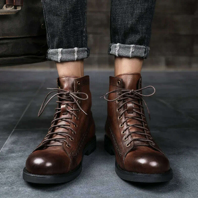 KIMLUD, Retro Men Boots Handmade Toe Polish Men Ankle Boots Casual Leather High-top Shoes Platform Motorcycle Booties New Bota Masculina, KIMLUD Womens Clothes