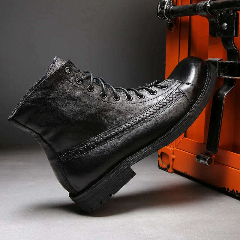 KIMLUD, Retro Men Boots Handmade Toe Polish Men Ankle Boots Casual Leather High-top Shoes Platform Motorcycle Booties New Bota Masculina, KIMLUD Womens Clothes