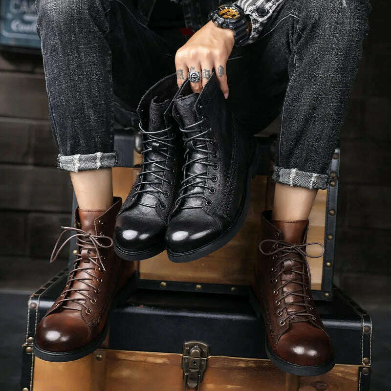 KIMLUD, Retro Men Boots Handmade Toe Polish Men Ankle Boots Casual Leather High-top Shoes Platform Motorcycle Booties New Bota Masculina, KIMLUD Womens Clothes