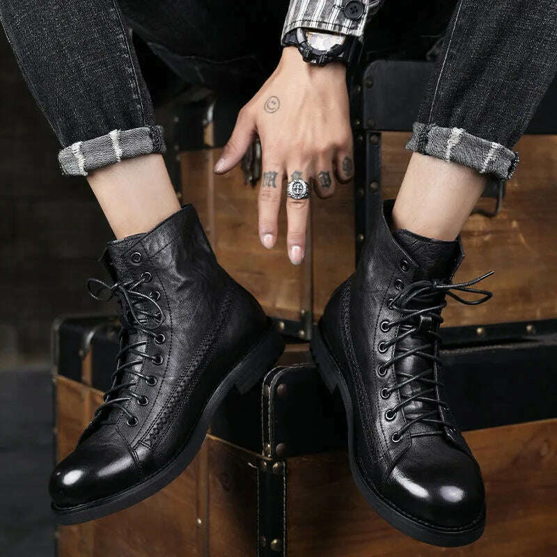KIMLUD, Retro Men Boots Handmade Toe Polish Men Ankle Boots Casual Leather High-top Shoes Platform Motorcycle Booties New Bota Masculina, KIMLUD Womens Clothes