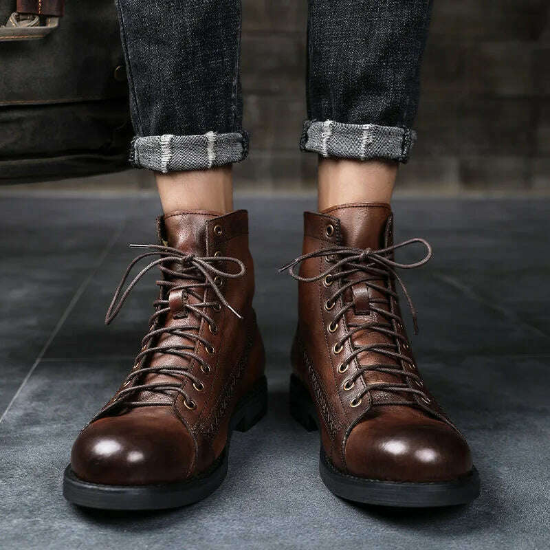 KIMLUD, Retro Men Boots Handmade Toe Polish Men Ankle Boots Casual Leather High-top Shoes Platform Motorcycle Booties New Bota Masculina, KIMLUD Womens Clothes