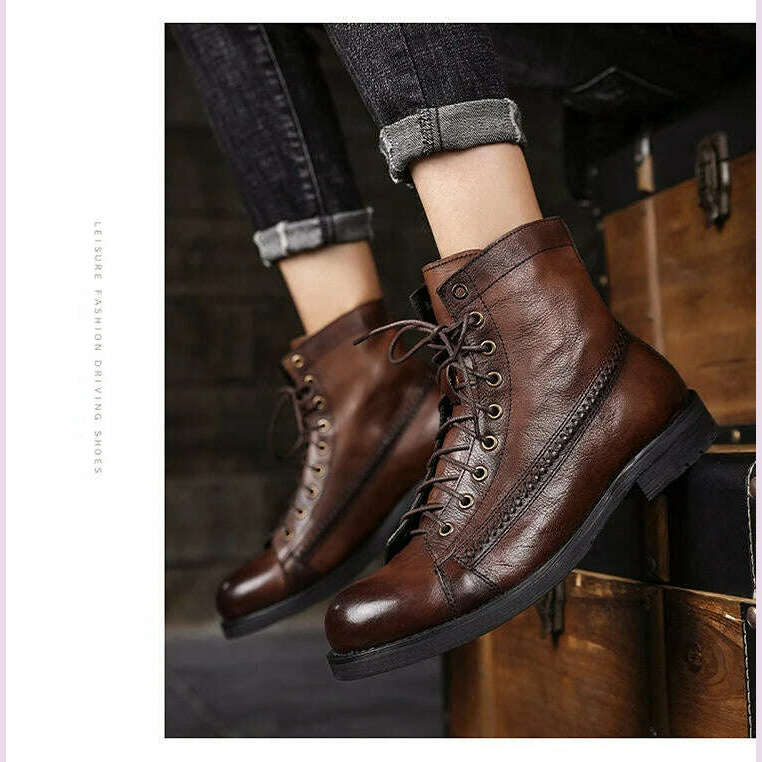 KIMLUD, Retro Men Boots Handmade Toe Polish Men Ankle Boots Casual Leather High-top Shoes Platform Motorcycle Booties New Bota Masculina, KIMLUD Womens Clothes