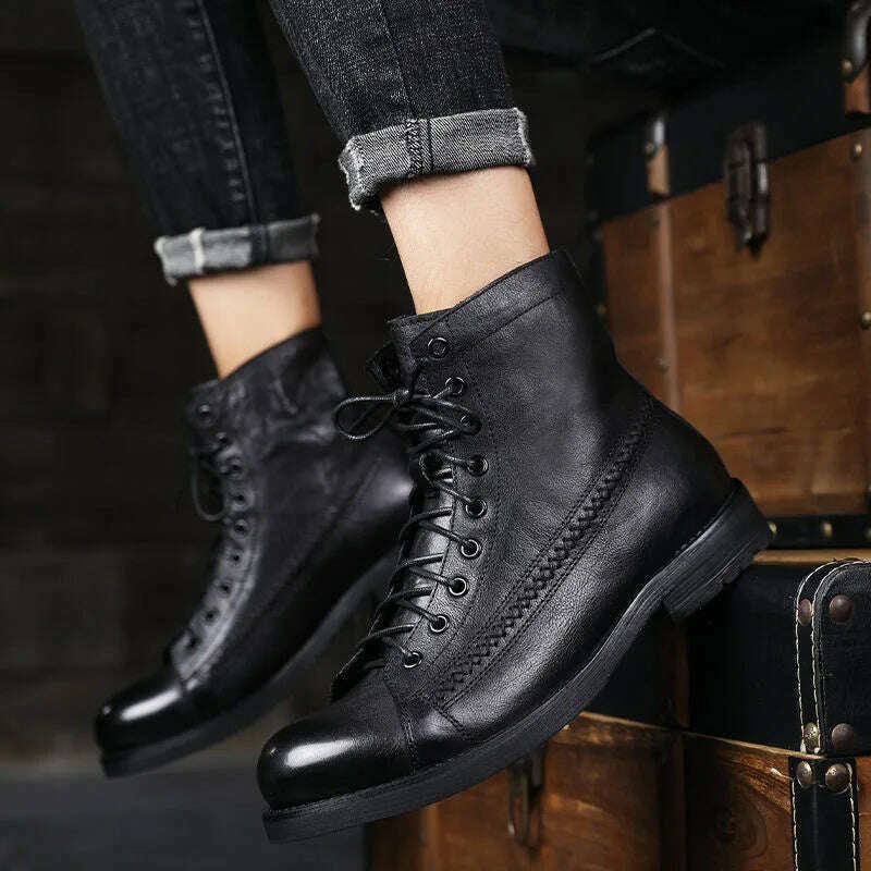 KIMLUD, Retro Men Boots Handmade Toe Polish Men Ankle Boots Casual Leather High-top Shoes Platform Motorcycle Booties New Bota Masculina, KIMLUD Womens Clothes