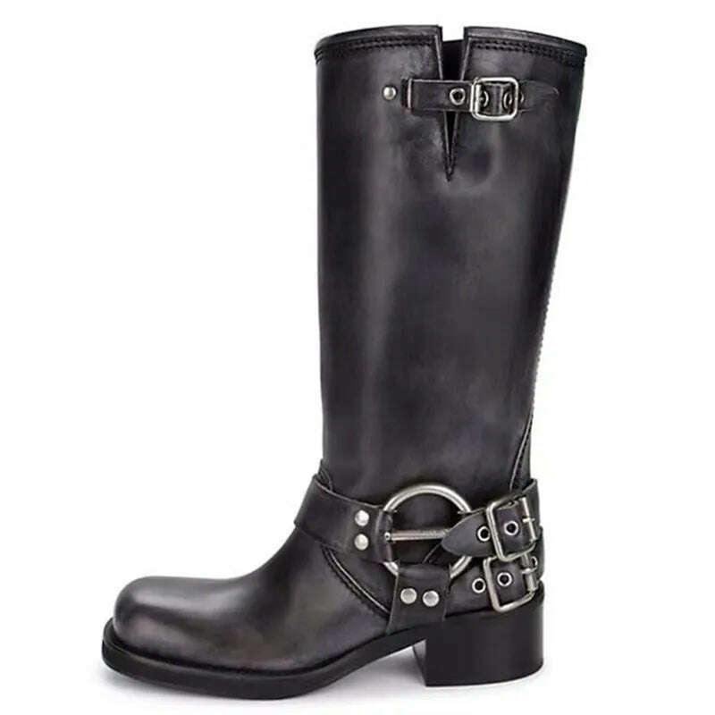 Retro New Women Mid Calf Boots Fashion Punk Thick Bottom Belt Buckle Metal Decoration Knight Boots High Top Western Modern Boots - KIMLUD