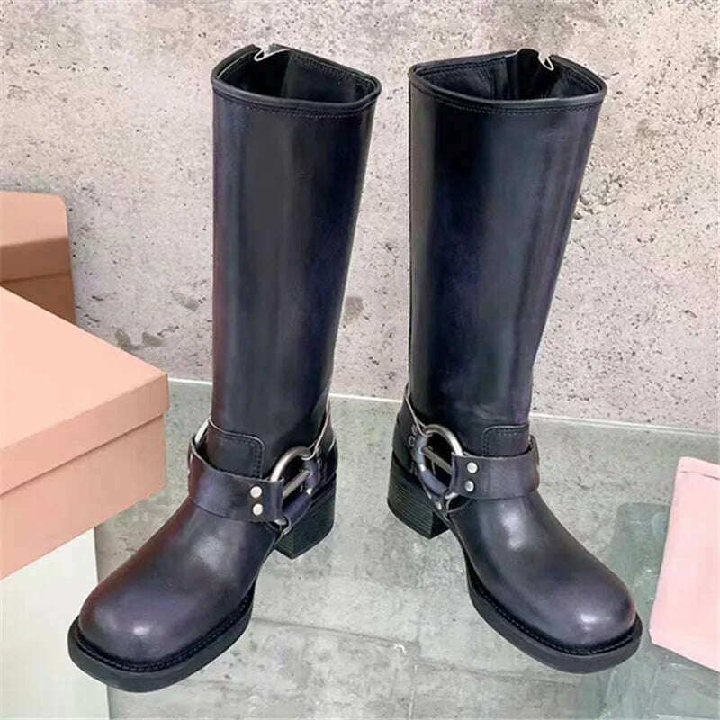 Retro New Women Mid Calf Boots Fashion Punk Thick Bottom Belt Buckle Metal Decoration Knight Boots High Top Western Modern Boots - KIMLUD