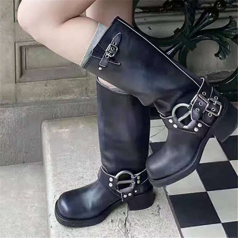 Retro New Women Mid Calf Boots Fashion Punk Thick Bottom Belt Buckle Metal Decoration Knight Boots High Top Western Modern Boots - KIMLUD