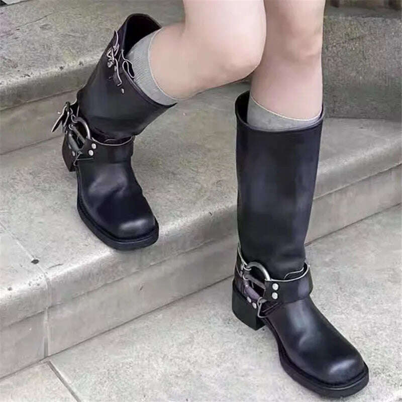 Retro New Women Mid Calf Boots Fashion Punk Thick Bottom Belt Buckle Metal Decoration Knight Boots High Top Western Modern Boots - KIMLUD