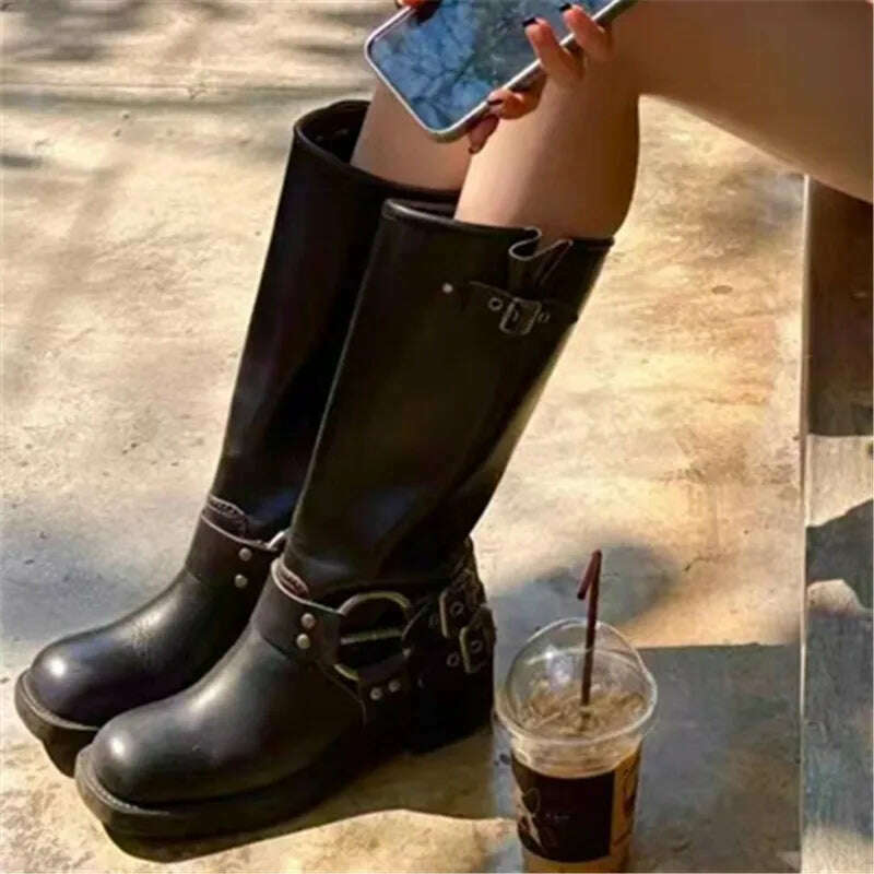 Retro New Women Mid Calf Boots Fashion Punk Thick Bottom Belt Buckle Metal Decoration Knight Boots High Top Western Modern Boots - KIMLUD