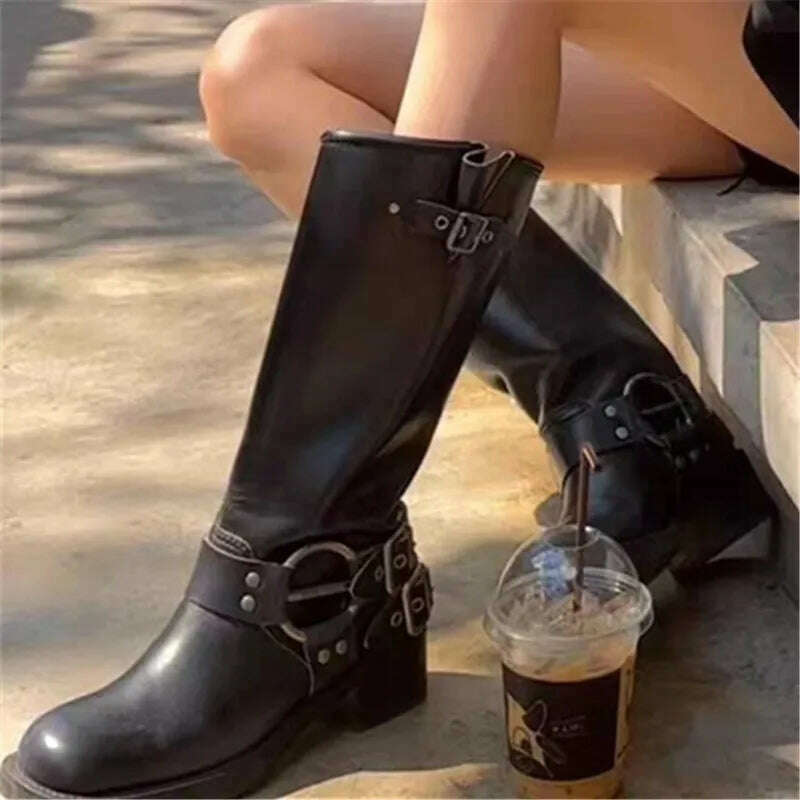 Retro New Women Mid Calf Boots Fashion Punk Thick Bottom Belt Buckle Metal Decoration Knight Boots High Top Western Modern Boots - KIMLUD