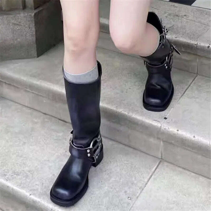 Retro New Women Mid Calf Boots Fashion Punk Thick Bottom Belt Buckle Metal Decoration Knight Boots High Top Western Modern Boots - KIMLUD