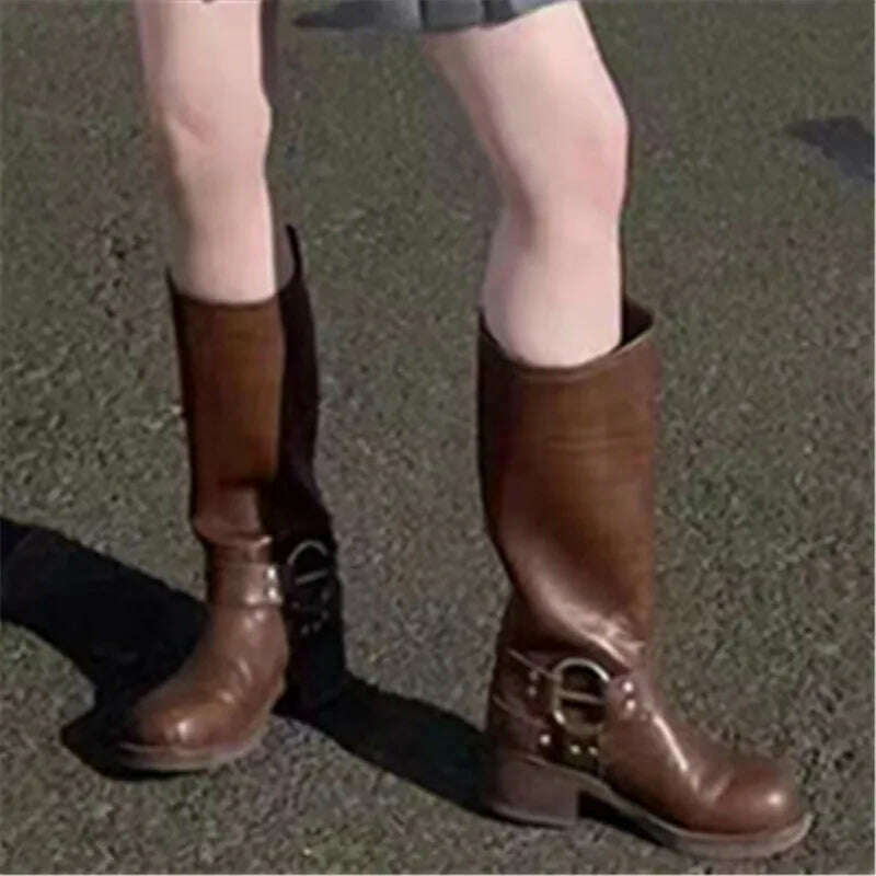 Retro New Women Mid Calf Boots Fashion Punk Thick Bottom Belt Buckle Metal Decoration Knight Boots High Top Western Modern Boots - KIMLUD