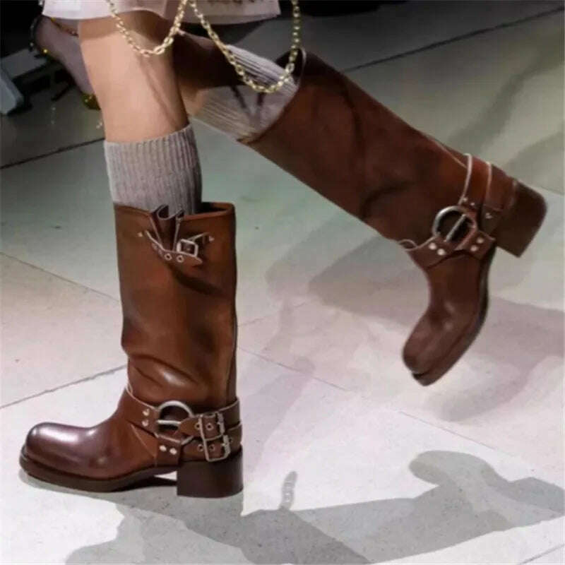 Retro New Women Mid Calf Boots Fashion Punk Thick Bottom Belt Buckle Metal Decoration Knight Boots High Top Western Modern Boots - KIMLUD