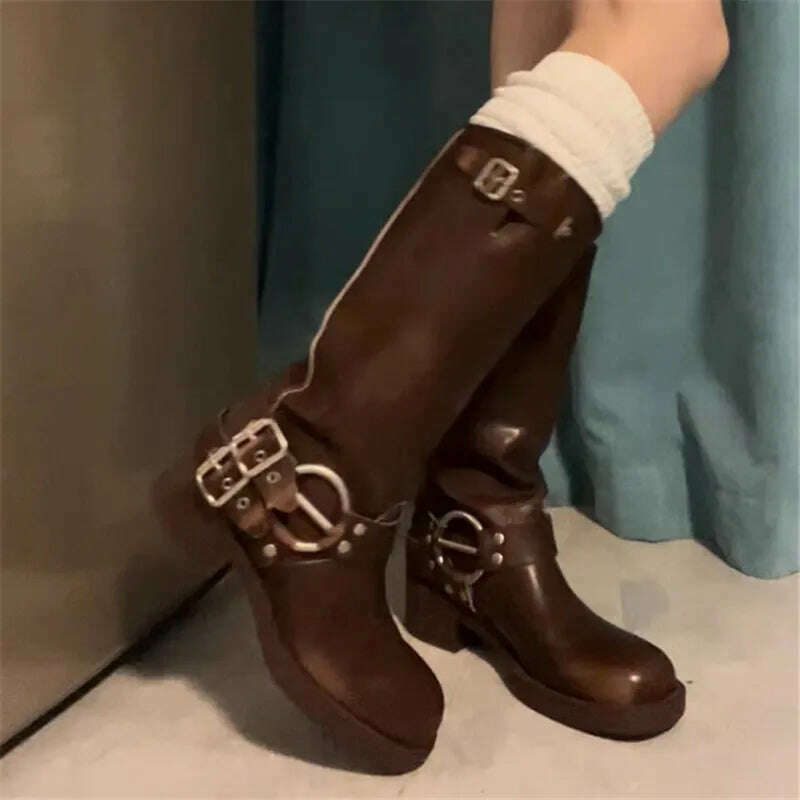 Retro New Women Mid Calf Boots Fashion Punk Thick Bottom Belt Buckle Metal Decoration Knight Boots High Top Western Modern Boots - KIMLUD