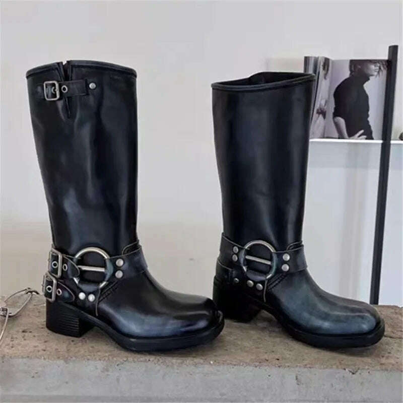 Retro New Women Mid Calf Boots Fashion Punk Thick Bottom Belt Buckle Metal Decoration Knight Boots High Top Western Modern Boots - KIMLUD