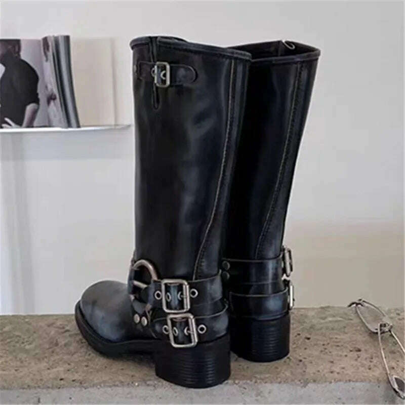 Retro New Women Mid Calf Boots Fashion Punk Thick Bottom Belt Buckle Metal Decoration Knight Boots High Top Western Modern Boots - KIMLUD