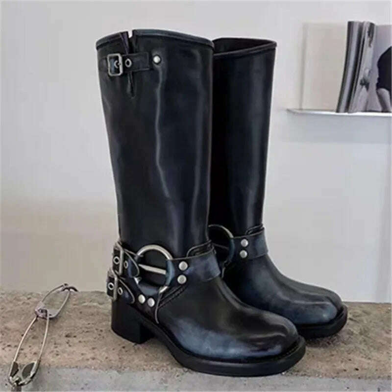 Retro New Women Mid Calf Boots Fashion Punk Thick Bottom Belt Buckle Metal Decoration Knight Boots High Top Western Modern Boots - KIMLUD