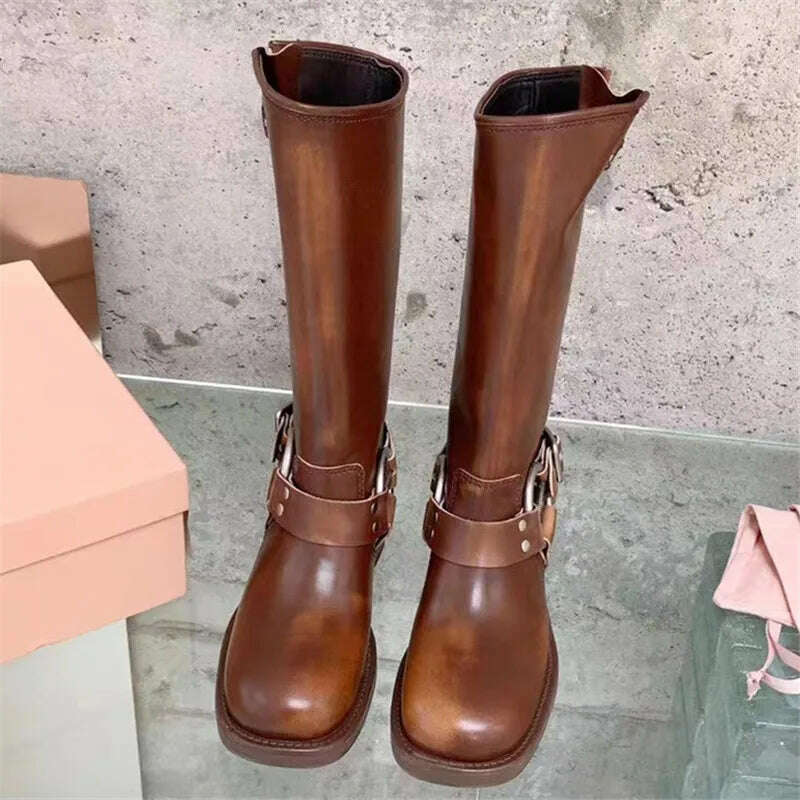 Retro New Women Mid Calf Boots Fashion Punk Thick Bottom Belt Buckle Metal Decoration Knight Boots High Top Western Modern Boots - KIMLUD