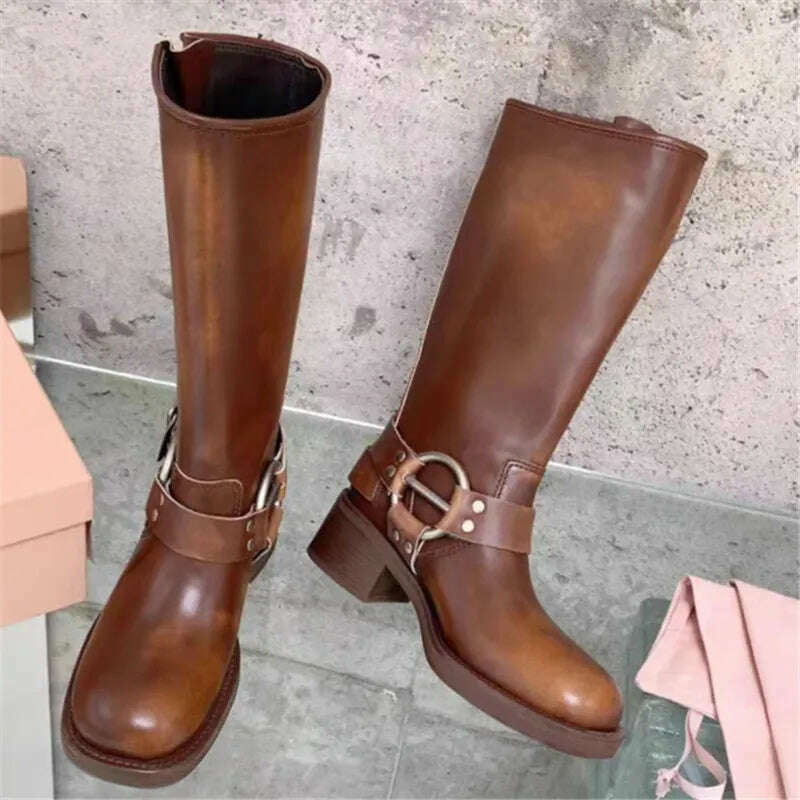 Retro New Women Mid Calf Boots Fashion Punk Thick Bottom Belt Buckle Metal Decoration Knight Boots High Top Western Modern Boots - KIMLUD
