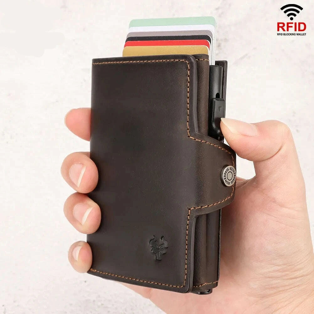 RFID Smart Pop Up Card Wallet for Men Genuine Leather Card Case for 8-10 Cards Slim Women Zip Coin Purse with Notes Compartment - KIMLUD