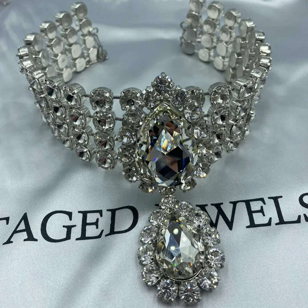 KIMLUD, Rhinestone Multilayered Large Water Drop Dangle Necklace for Women Exaggerated Party Queen Necklace Jewelry Accessories Gifts, KIMLUD Womens Clothes