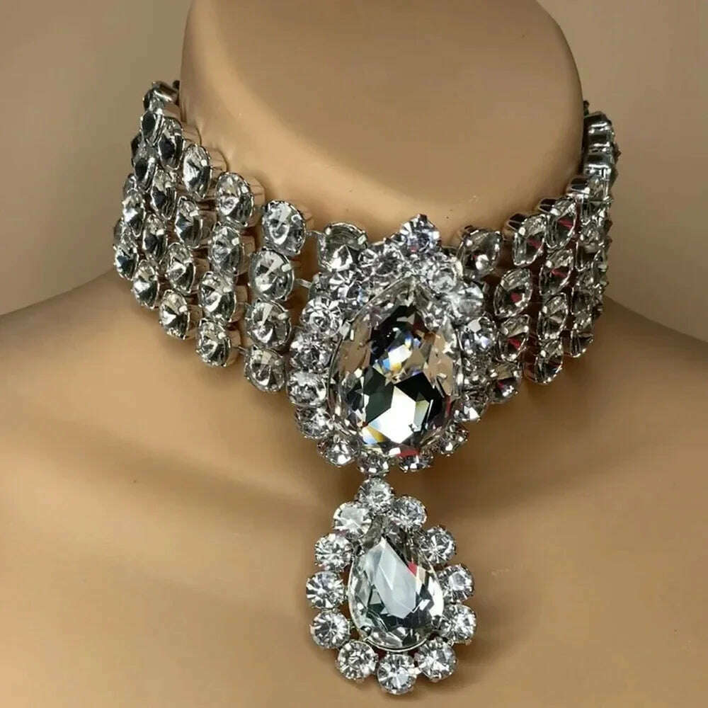 KIMLUD, Rhinestone Multilayered Large Water Drop Dangle Necklace for Women Exaggerated Party Queen Necklace Jewelry Accessories Gifts, Gold-color, KIMLUD APPAREL - Womens Clothes