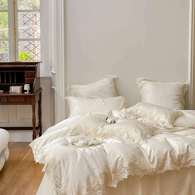 Romantic French Wedding Chic Flowers Lace Edge Woman Bedding Set 1000TC Egyptian Cotton Girl Duvet Cover Bed Sheet Pillowcases - KIMLUD