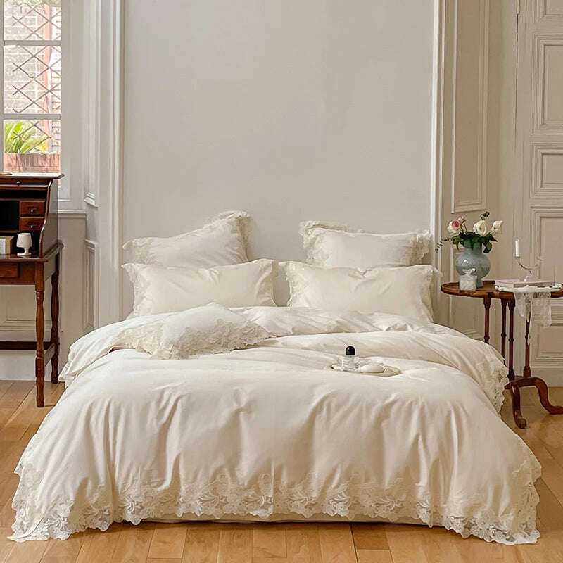 Romantic French Wedding Chic Flowers Lace Edge Woman Bedding Set 1000TC Egyptian Cotton Girl Duvet Cover Bed Sheet Pillowcases - KIMLUD