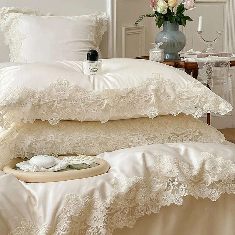 Romantic French Wedding Chic Flowers Lace Edge Woman Bedding Set 1000TC Egyptian Cotton Girl Duvet Cover Bed Sheet Pillowcases - KIMLUD