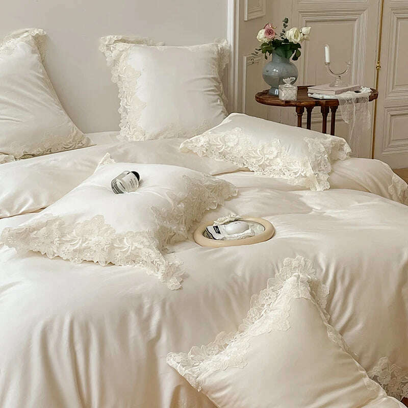 Romantic French Wedding Chic Flowers Lace Edge Woman Bedding Set 1000TC Egyptian Cotton Girl Duvet Cover Bed Sheet Pillowcases - KIMLUD