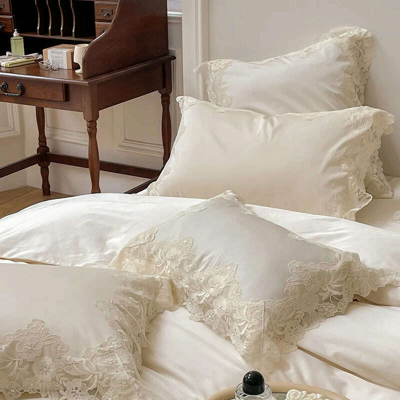 Romantic French Wedding Chic Flowers Lace Edge Woman Bedding Set 1000TC Egyptian Cotton Girl Duvet Cover Bed Sheet Pillowcases - KIMLUD