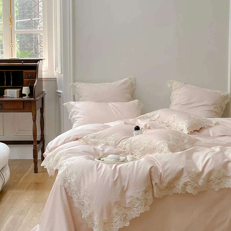 Romantic French Wedding Chic Flowers Lace Edge Woman Bedding Set 1000TC Egyptian Cotton Girl Duvet Cover Bed Sheet Pillowcases - KIMLUD