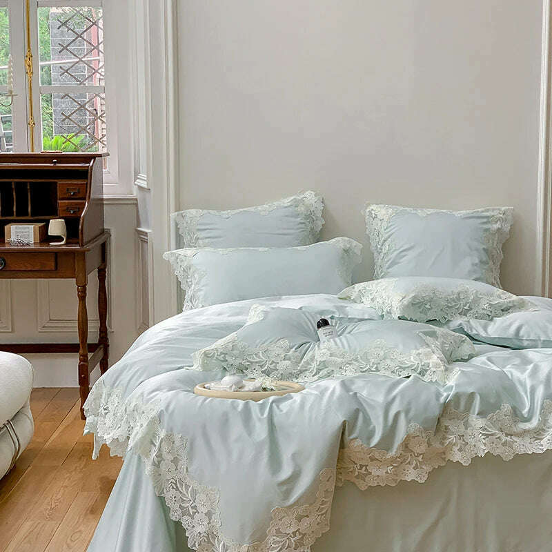 Romantic French Wedding Chic Flowers Lace Edge Woman Bedding Set 1000TC Egyptian Cotton Girl Duvet Cover Bed Sheet Pillowcases - KIMLUD