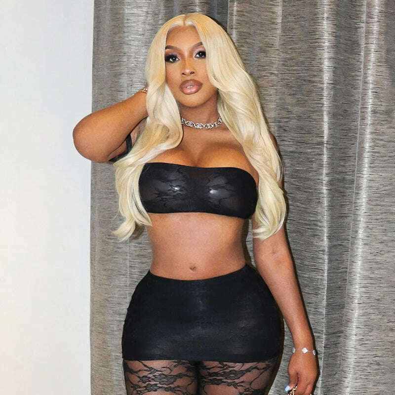 See Through Black Lace Mesh 2 Piece Set Crop Top and Leggings Sexy Club Outfits Summer 2024 Women Elegant Clothes - KIMLUD