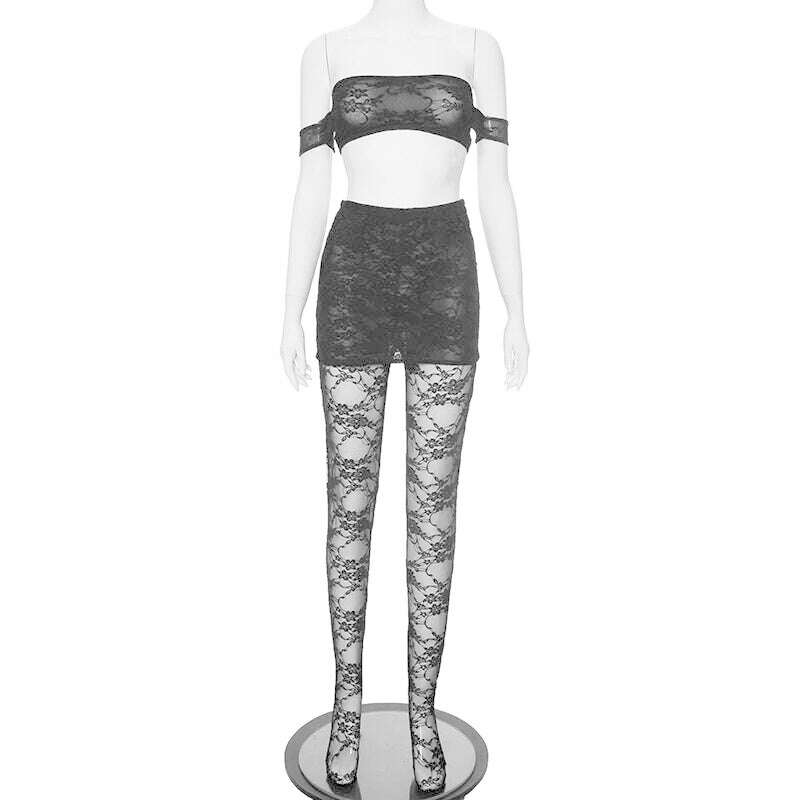 See Through Black Lace Mesh 2 Piece Set Crop Top and Leggings Sexy Club Outfits Summer 2024 Women Elegant Clothes - KIMLUD