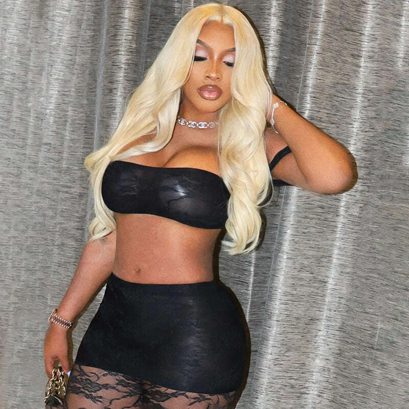 See Through Black Lace Mesh 2 Piece Set Crop Top and Leggings Sexy Club Outfits Summer 2024 Women Elegant Clothes - KIMLUD