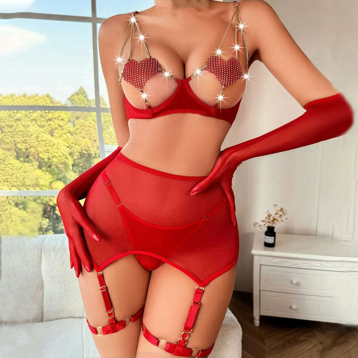 Sexy Lingerie set Sexy Luxury Erotic Set Underwear See Through Women Attractive Chest Suspenders Romantic Ensemble Outfit - KIMLUD