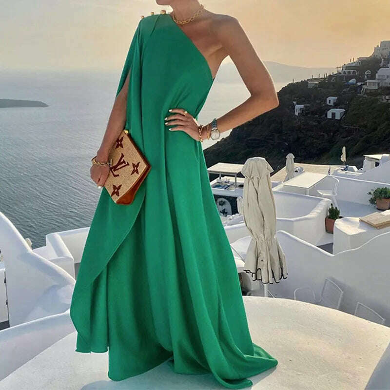 KIMLUD, Sexy Off Shoulder Boho Beach Maxi Dress Women Elegant One Shoulder Loose Party Dresses Summer Fashion Button Solid Dress Vestido, green / S, KIMLUD APPAREL - Womens Clothes