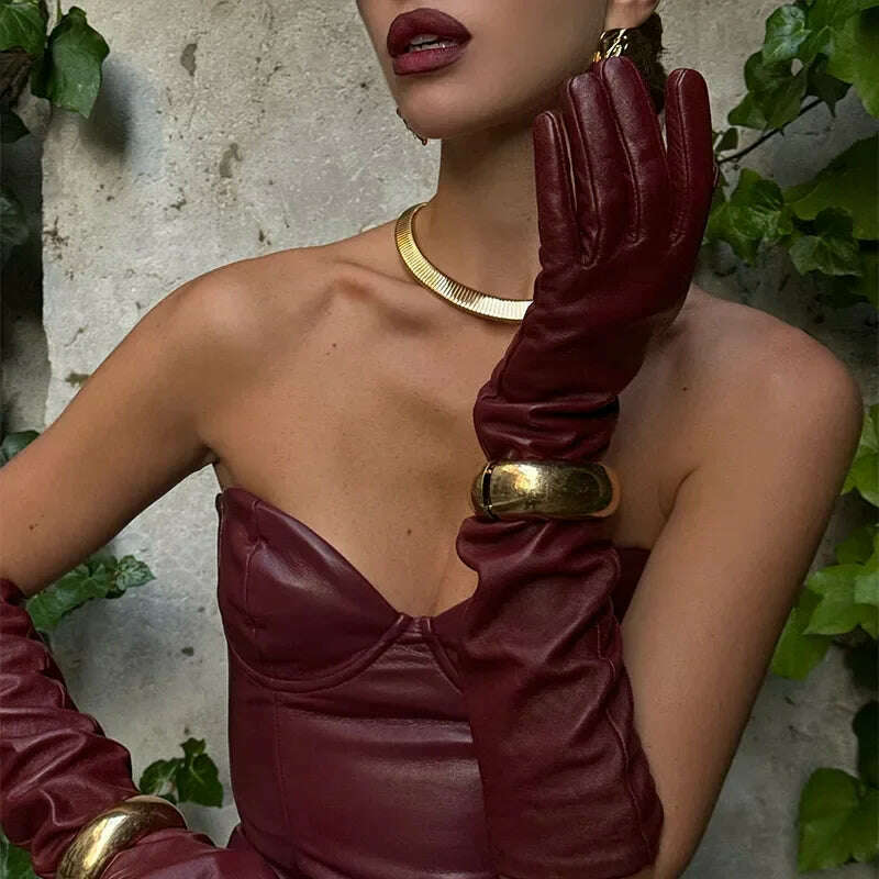 KIMLUD, Sexy Woman Strapless Burgundy Slim Leather Long Dress Elegant Back Lace Up Side Slit Sleeveless Dresses 2025 Evening Party Robe, KIMLUD Womens Clothes
