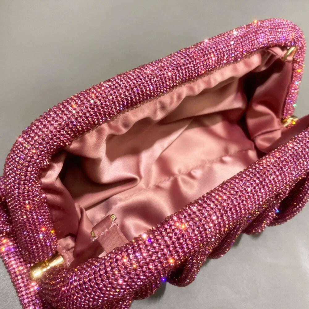 Shiny handle Rhinestones Handmade Evening Clutch Bags New Folds Purses And Handbags Luxury Designer Wedding Party High Quality - KIMLUD