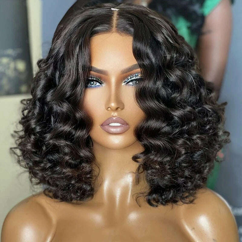 KIMLUD, Short Bob Soft 180Density Deep Wave Curly Natural Black Color Lace Front Wig For Women With Baby Hair Glueless Preplucked Daily, KIMLUD Womens Clothes