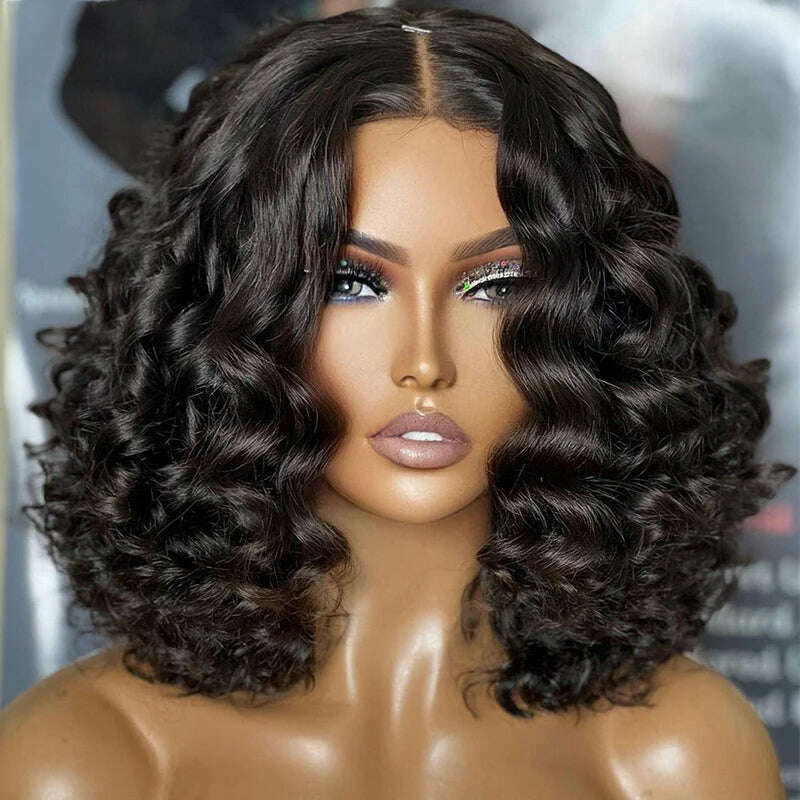 KIMLUD, Short Bob Soft 180Density Deep Wave Curly Natural Black Color Lace Front Wig For Women With Baby Hair Glueless Preplucked Daily, KIMLUD Womens Clothes