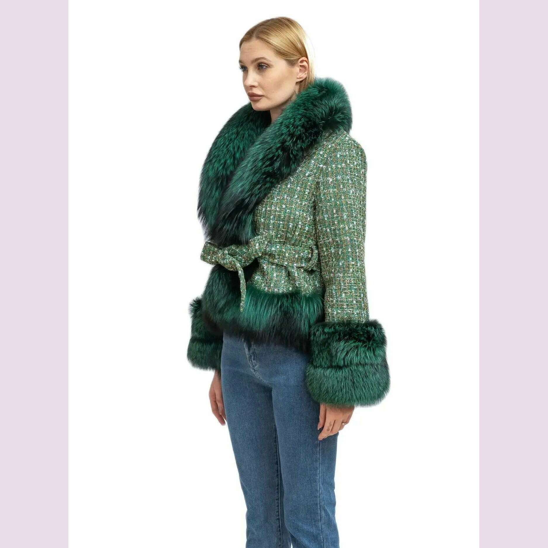 Short Coat with Real Fox Fur Collar for Women, Big Woolen Coat, Big Cuffs, Front Belt, Green Color, Autumn and Winter Fashion - KIMLUD