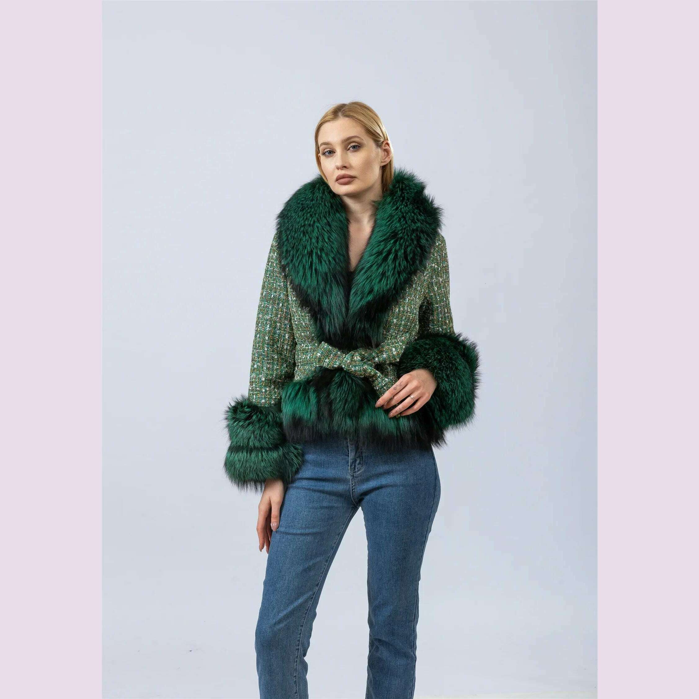 Short Coat with Real Fox Fur Collar for Women, Big Woolen Coat, Big Cuffs, Front Belt, Green Color, Autumn and Winter Fashion - KIMLUD