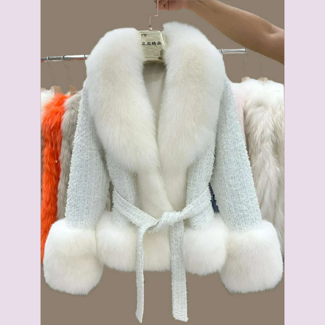 Short Coat with Real Fox Fur Collar for Women, Big Woolen Coat, Big Cuffs, Front Belt, Green Color, Autumn and Winter Fashion - KIMLUD