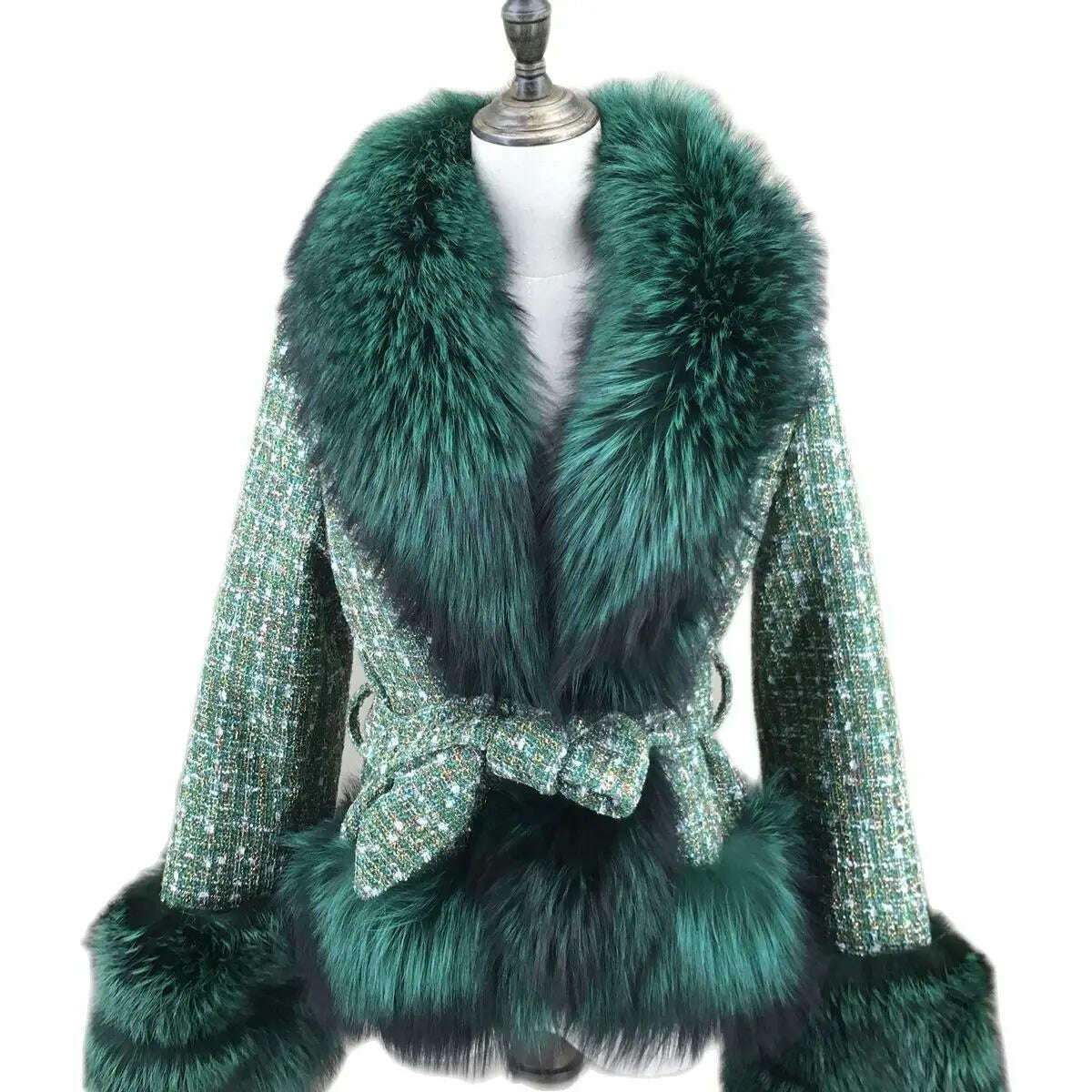 Short Coat with Real Fox Fur Collar for Women, Big Woolen Coat, Big Cuffs, Front Belt, Green Color, Autumn and Winter Fashion - KIMLUD