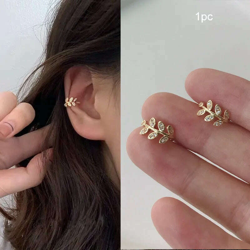 Silver Plated Metal Leaf Butterfly Clip Earrings for Women Ear Clips Without Piercing Sparkling Zircon Ear Cuff Fashion Jewelry - KIMLUD