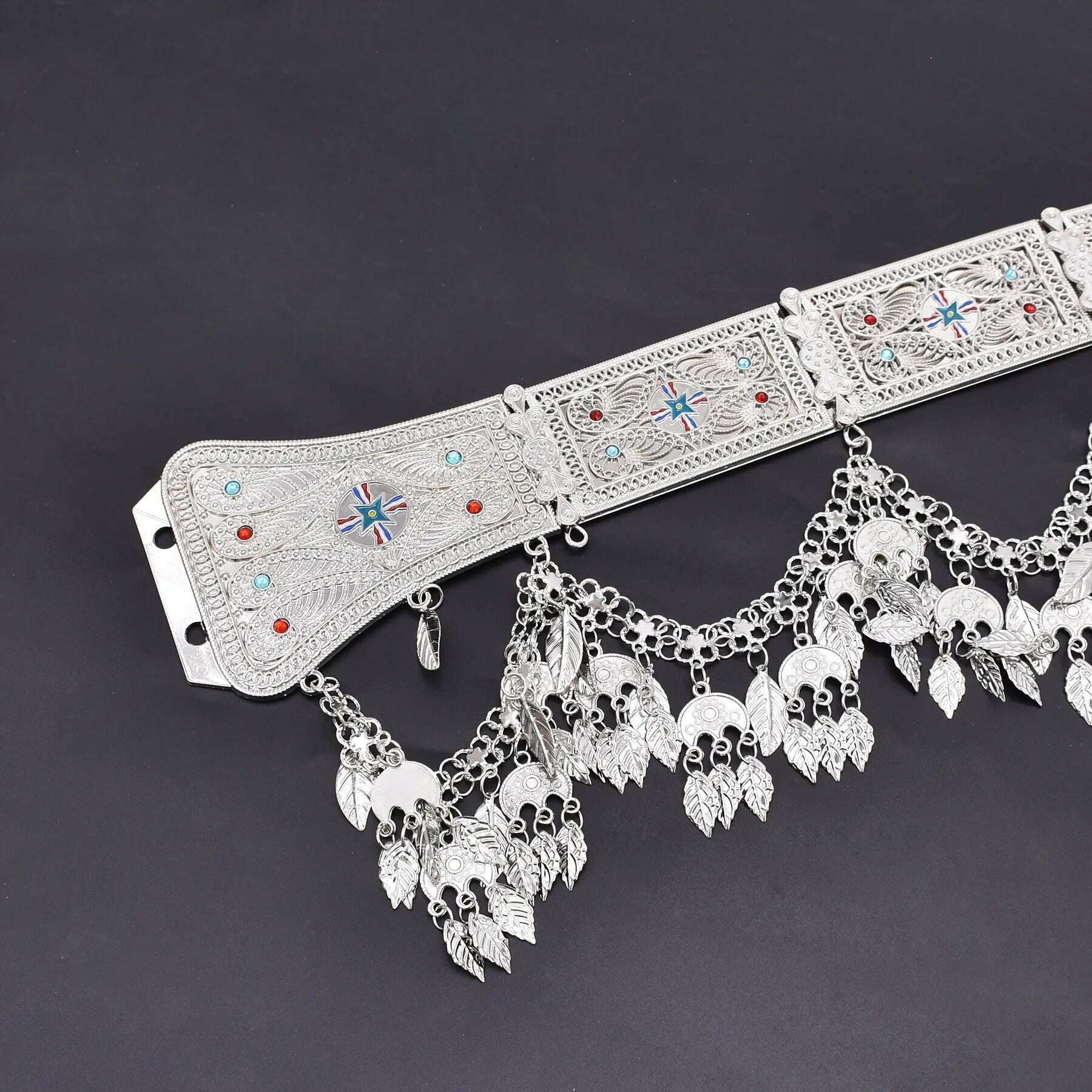 Silver Plated Moroccan Caftan Belt Heart Sequins Tassel Belly Chains for Women Men Vintage Ethnic Tribal Indian Body Jewelry - KIMLUD