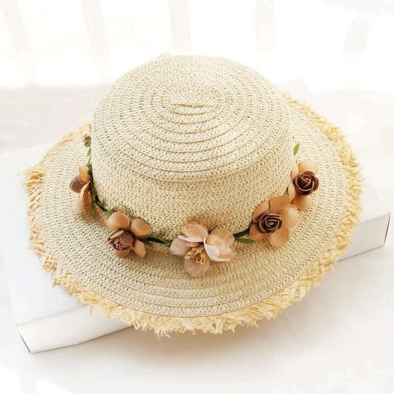 Simple Parent-child Summer New Women's Sun Hat Bucket cap beige lace Bowknot Flowers Ribbon Flat top Straw Hat Beach Caps Panama - KIMLUD