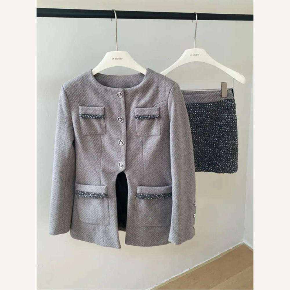 Small Fragrant Wind Winter Sets Round Collar Clip Split Frayed Irregular Outerwear + High Waist Skirt Fashionable Two-piece Suit - KIMLUD